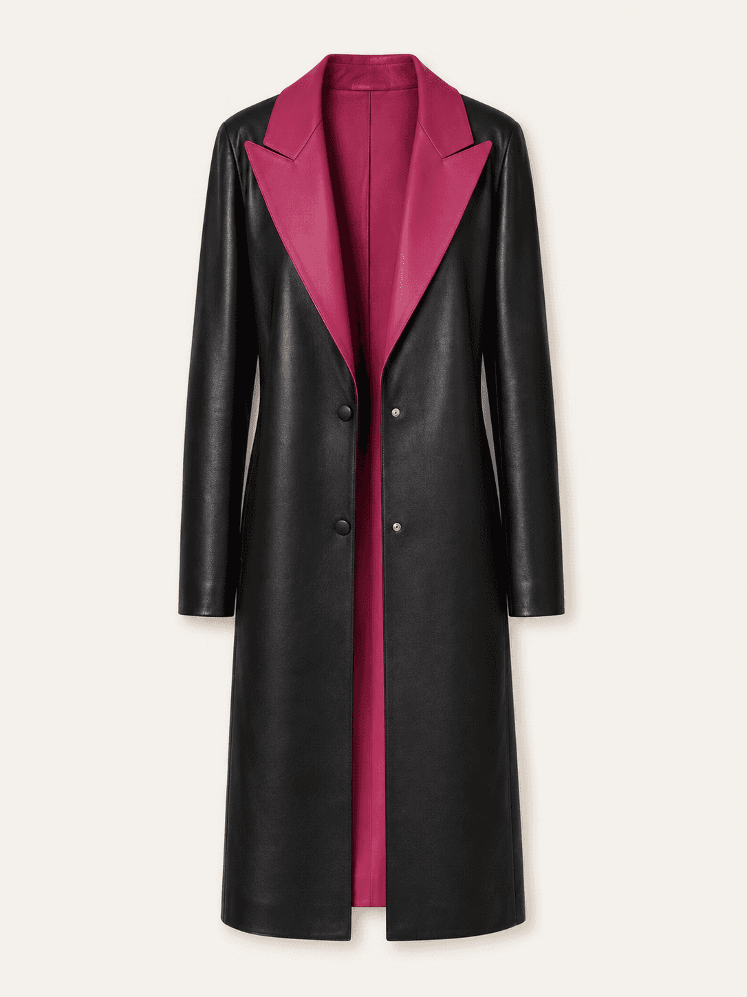 LANVIN, Чёрное кожаное пальто с розовым воротником